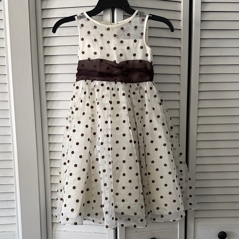 Kid's Dream Ivory and Brown Polka Dot Party Dress with Brown Sash